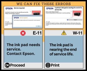 “A printer’s ink pad is at the end of its service life” “A printer’s ink pad is nearing the end of its service life” “The ink pad needs service” E-11