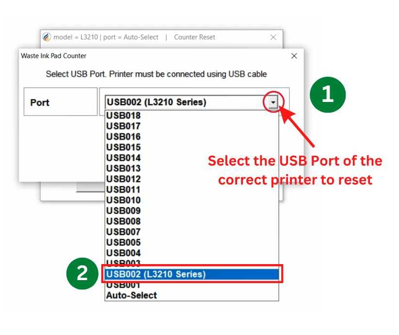 4. Select the USB Port of the correct printer to reset