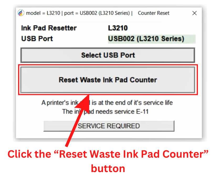 5. Click the “Reset Waste Ink Pad Counter” button