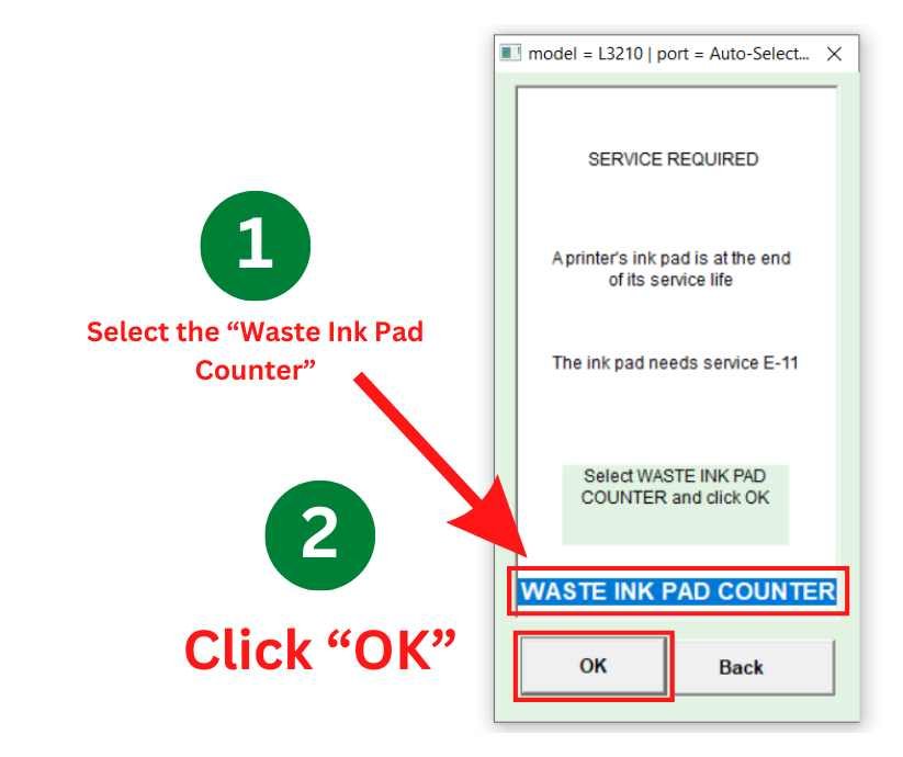 6 Select the “Waste Ink Pad Counter” and click OK